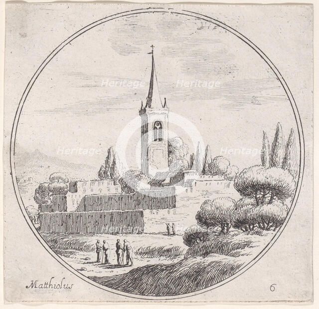 Plate 6: church steeple at center, with groups of people standing in a landscape belo..., 1680-1747. Creator: Lodovico Mattioli.