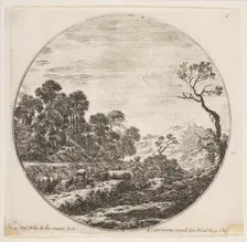 Plate 6: cows crossing a valley at left, a horseman and other cows in the background..., ca. 1646. Creator: Stefano della Bella