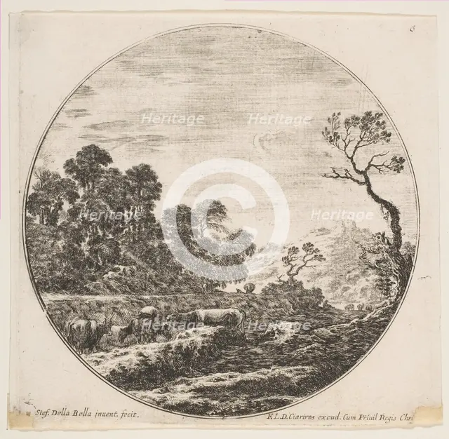 Plate 6: cows crossing a valley at left, a horseman and other cows in the background..., ca. 1646. Creator: Stefano della Bella.