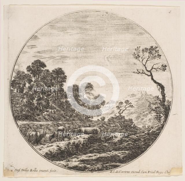Plate 6: cows crossing a valley at left, a horseman and other cows in the background..., ca. 1646. Creator: Stefano della Bella.