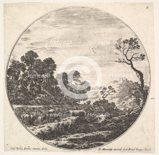 Plate 6: cows crossing a valley to left, a group of trees to left, a horseman and o..., ca. 1643-48. Creator: Stefano della Bella.