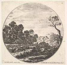 Plate 6: cows crossing a valley to left, a group of trees to left, a horseman and o..., ca. 1643-48. Creator: Stefano della Bella