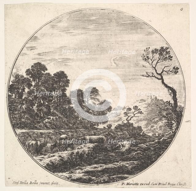 Plate 6: cows crossing a valley to left, a group of trees to left, a horseman and o..., ca. 1643-48. Creator: Stefano della Bella.