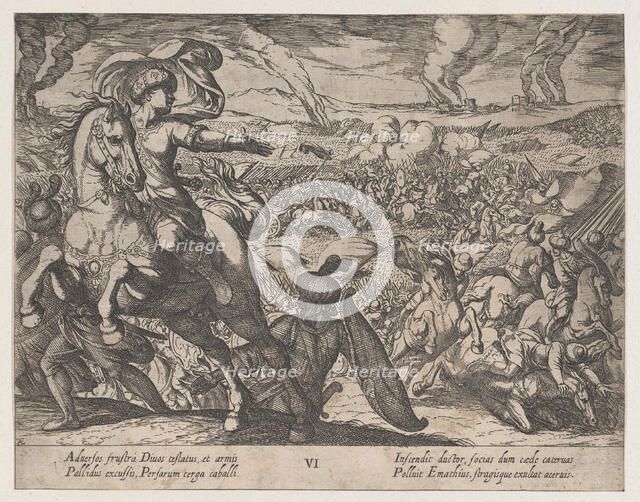 Plate 6: Darius Fleeing from the Battlefield, from The Deeds of Alexander the Great, 1608. Creator: Antonio Tempesta.