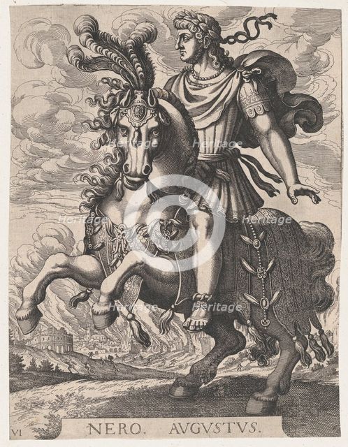 Plate 6: Emperor Nero on Horseback, from 'The First Twelve Roman Caesars', after Tempes..., 1610-50. Creators: Matthaus Merian, Nero.