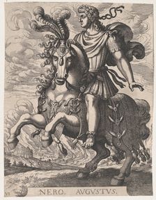 Plate 6: Emperor Nero on Horseback, from The First Twelve Roman Caesars after Tempes..., 1610-50. Creators: Matthaus Merian, Nero