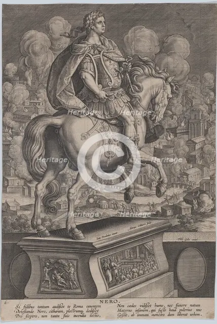 Plate 6: equestrian statue of Nero, seen from behind, the Great Fire of Rome in the..., ca. 1587-89. Creator: Adriaen Collaert.