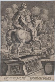 Plate 6: equestrian statue of Nero, seen from behind, the Great Fire of Rome in the..., ca. 1587-89. Creator: Adriaen Collaert