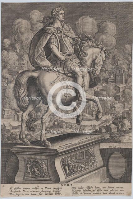 Plate 6: equestrian statue of Nero, seen from behind, the Great Fire of Rome in the..., ca. 1587-89. Creator: Adriaen Collaert.