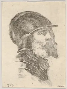 Plate 6: head of an old bearded soldier wearing a helmet facing right, from Various heads..., 1650. Creator: Stefano della Bella