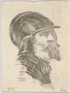 Plate 6: head of an old bearded soldier wearing a helmet facing right, from Various heads..., 1650. Creator: Stefano della Bella