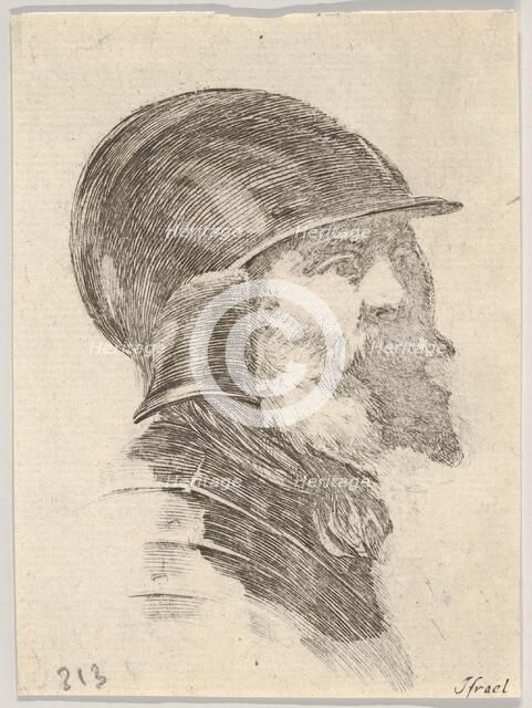 Plate 6: head of an old bearded soldier wearing a helmet facing right, from 'Various heads..., 1650. Creator: Stefano della Bella.
