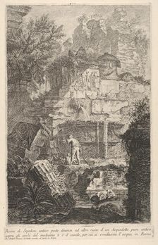 Plate 6: Ruins of an ancient tomb in front of ruins of an ancient aqueduct; above the arc..., 1743. Creator: Giovanni Battista Piranesi