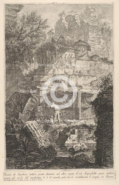 Plate 6: 'Ruins of an ancient tomb in front of ruins of an ancient aqueduct; above the arc..., 1743. Creator: Giovanni Battista Piranesi.