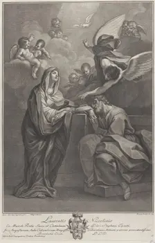 Plate 6: Saint Joseph's dream, with the Virgin Mary at left and an angel above who points ..., 1777. Creators: Benedetto Eredi, Ranieri Allegranti