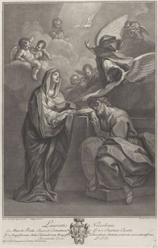 Plate 6: Saint Joseph's dream, with the Virgin Mary at left and an angel above who points ..., 1777. Creators: Benedetto Eredi, Ranieri Allegranti