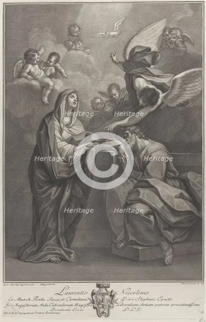 Plate 6: Saint Joseph's dream, with the Virgin Mary at left and an angel above who points ..., 1777. Creators: Benedetto Eredi, Ranieri Allegranti.
