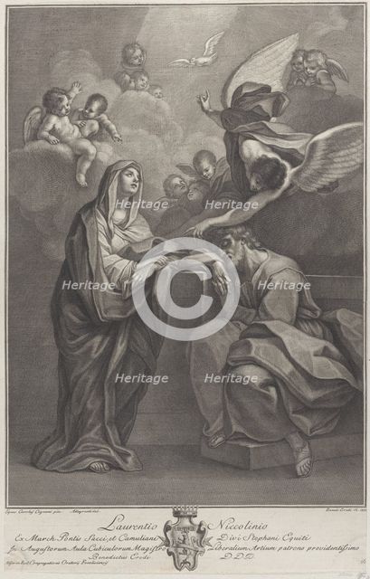 Plate 6: Saint Joseph's dream, with the Virgin Mary at left and an angel above who points ..., 1777. Creators: Benedetto Eredi, Ranieri Allegranti.