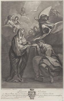 Plate 6: Saint Joseph's dream, with the Virgin Mary at left and an angel above who points ..., 1777. Creators: Benedetto Eredi, Ranieri Allegranti
