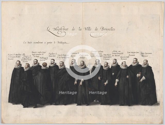 Plate 63: The magistrates of the city of Brussels marching in the funeral procession of Ar..., 1623. Creator: Cornelis Galle I.