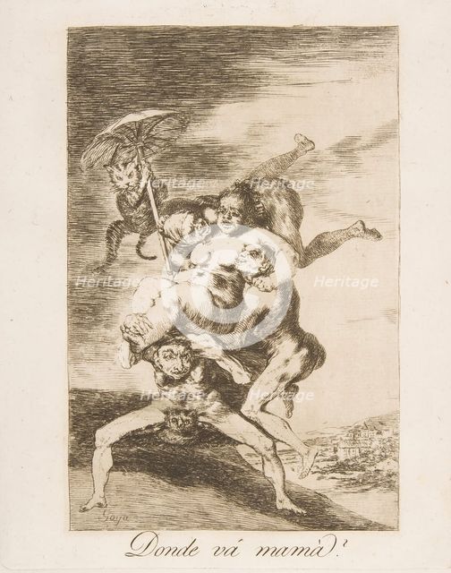 Plate 65 from ' Los Caprichos':Where is mom going? (Donde vá mamá?), 1799. Creator: Francisco Goya.