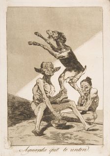 Plate 67 from Los Caprichos': Wait till you've been anointed (Aguarda que te unten.), 1799. Creator: Francisco Goya