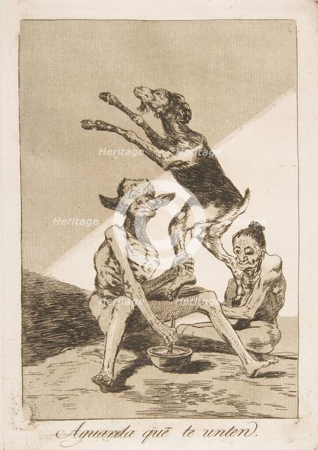 Plate 67 from 'Los Caprichos': Wait till you've been anointed (Aguarda que te unten.), 1799. Creator: Francisco Goya.