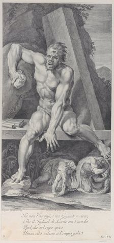 Plate 7: the blinded Polyphemus, guarding the entrance of his cavern, with Ulysses and his..., 1756. Creators: Bartolomeo Crivellari, Domenico Maria Fratta