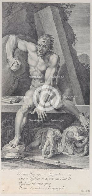 Plate 7: the blinded Polyphemus, guarding the entrance of his cavern, with Ulysses and his..., 1756. Creators: Bartolomeo Crivellari, Domenico Maria Fratta.