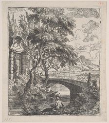 Plate 7: two figures at right about to cross a stone bridge, a fisherman in the for..., ca. 1700-25. Creator: Franz Joachim Beich