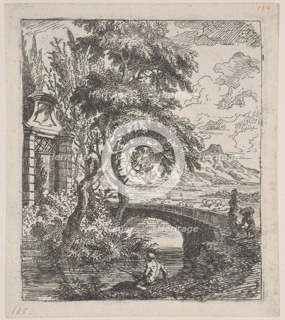 Plate 7: two figures at right about to cross a stone bridge, a fisherman in the for..., ca. 1700-25. Creator: Franz Joachim Beich.