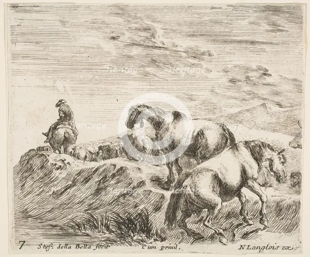 Plate 7: two horses ascending the bank of a river at right, following a procession ..., ca. 1644-47. Creator: Stefano della Bella.