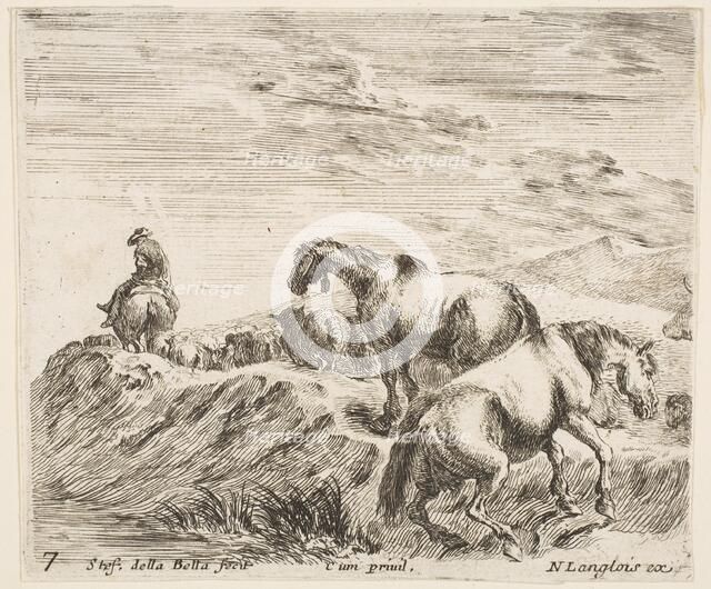 Plate 7: two horses ascending the bank of a river at right, following a procession ..., ca. 1644-47. Creator: Stefano della Bella.