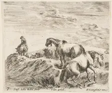 Plate 7: two horses ascending the bank of a river at right, following a procession ..., ca. 1644-47. Creator: Stefano della Bella