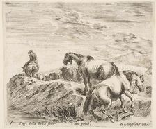 Plate 7: two horses ascending the bank of a river at right, following a procession ..., ca. 1644-47. Creator: Stefano della Bella