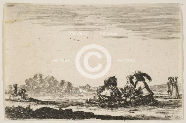 Plate 7: Two noblemen seated in center, seen from behind, conversing with a noblewoman sea..., 1642. Creator: Stefano della Bella.