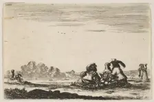 Plate 7: Two noblemen seated in center, seen from behind, conversing with a noblewoman sea..., 1642. Creator: Stefano della Bella