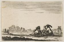 Plate 7: Two noblemen seated in center, seen from behind, conversing with a noblewoman sea..., 1642. Creator: Stefano della Bella