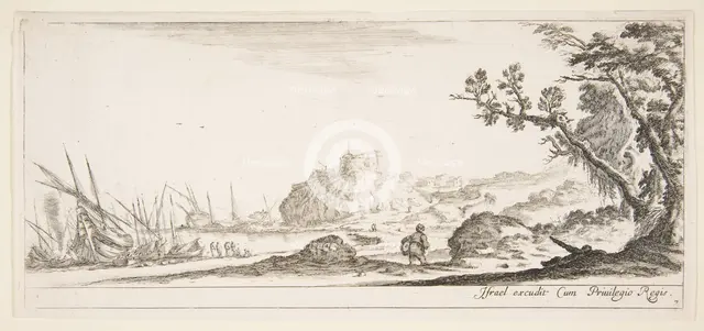 Plate 7: various boats on shore to left, a man carrying a bag, seen from behind and wa..., ca. 1641. Creator: Stefano della Bella.