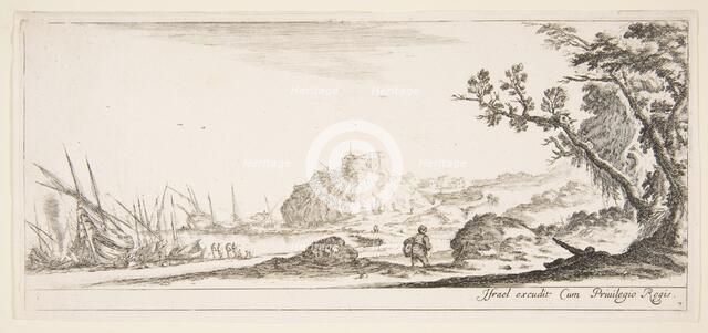 Plate 7: various boats on shore to left, a man carrying a bag, seen from behind and wa..., ca. 1641. Creator: Stefano della Bella.