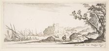 Plate 7: various boats on shore to left, a man carrying a bag, seen from behind and wa..., ca. 1641. Creator: Stefano della Bella