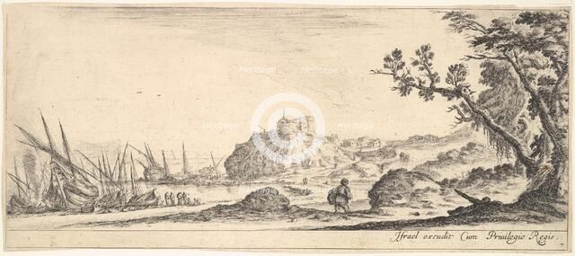 Plate 7: various boats on shore to left, a man carrying a bag, seen from behind and wa..., ca. 1641. Creator: Stefano della Bella.