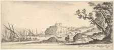 Plate 7: various boats on shore to left, a man carrying a bag, seen from behind and wa..., ca. 1641. Creator: Stefano della Bella