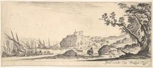Plate 7: various boats on shore to left, a man carrying a bag, seen from behind and wa..., ca. 1641. Creator: Stefano della Bella