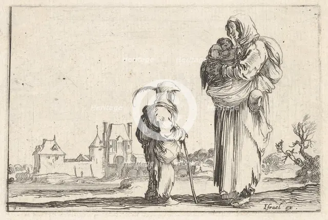 Plate 7: a peasant woman carrying a child to right, speaking to another child standing..., ca. 1642. Creator: Stefano della Bella.