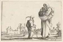 Plate 7: a peasant woman carrying a child to right, speaking to another child standing..., ca. 1642. Creator: Stefano della Bella