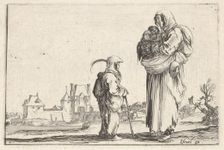 Plate 7: a peasant woman carrying a child to right, speaking to another child standing..., ca. 1642. Creator: Stefano della Bella