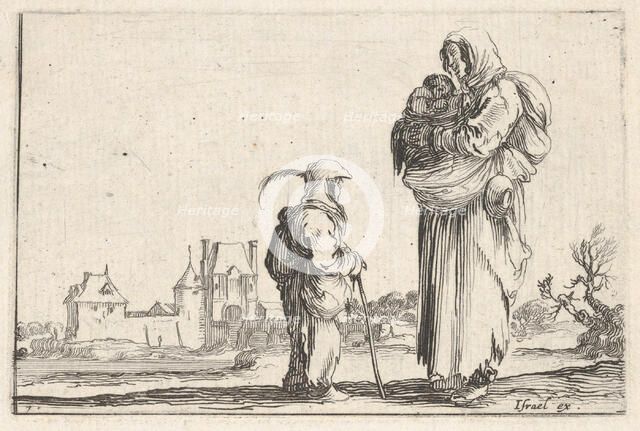 Plate 7: a peasant woman carrying a child to right, speaking to another child standing..., ca. 1642. Creator: Stefano della Bella.