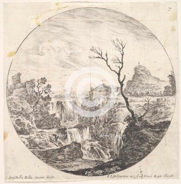 Plate 7: a triple waterfall, a dead tree to right, a mountain and a herd of cows to..., ca. 1643-48. Creator: Stefano della Bella.