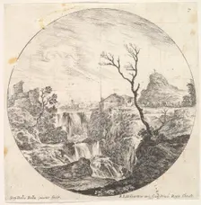 Plate 7: a triple waterfall, a dead tree to right, a mountain and a herd of cows to..., ca. 1643-48. Creator: Stefano della Bella